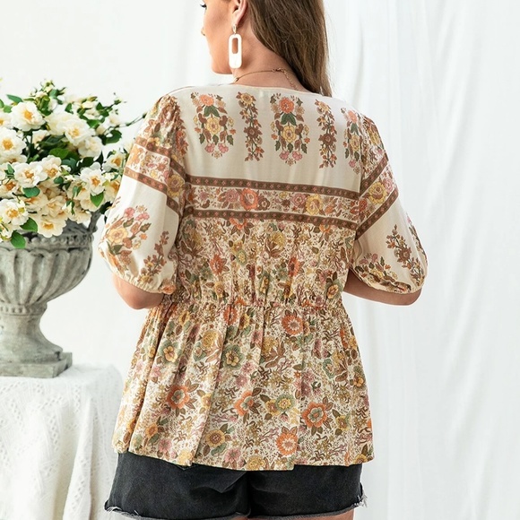 Boho Floral Print Front Tie Blouse - Picture 4 of 5